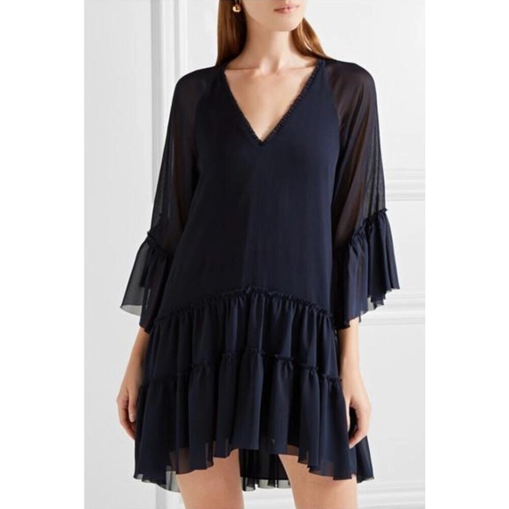 Alice + Olivia Zoey Tiered Crepon & Chiffon Tunic in Sapphire Blue Size Small